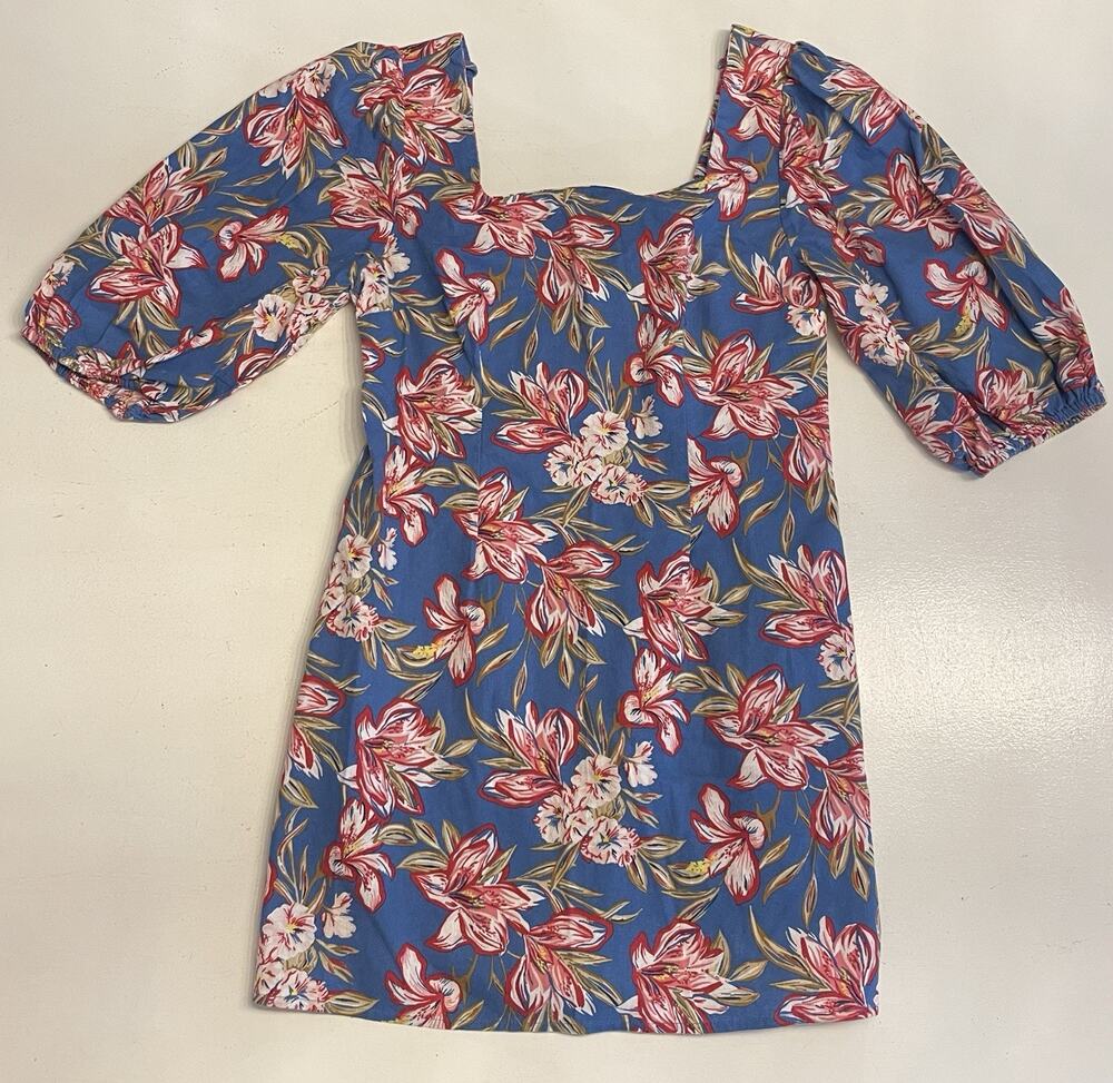 NWT A New Day Women’s Med Linen Mini Slip Dress Blue Floral Square Neck Tie Back